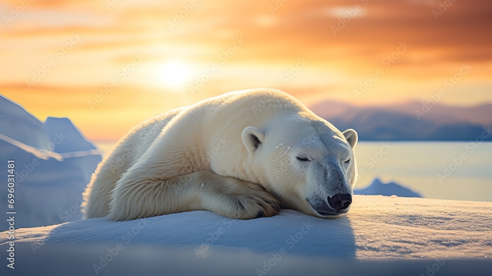 In the arctic, a polar bear is lying on ice and snow.