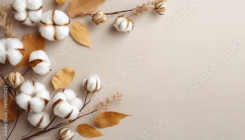 Border crafted from eucalyptus branches, cotton flowers, and dried leaves on a soft gray backdrop. Autumn-themed setup. Overhead view in a flat lay style © Tatiana