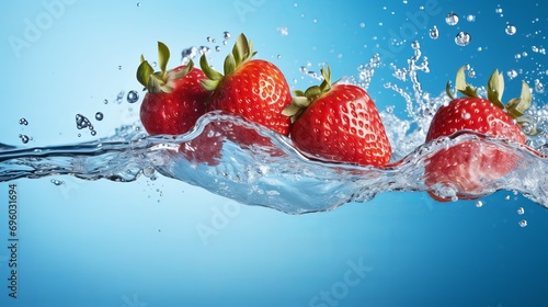 On a textured cyan blue background, strawberries are falling into milk in side view.