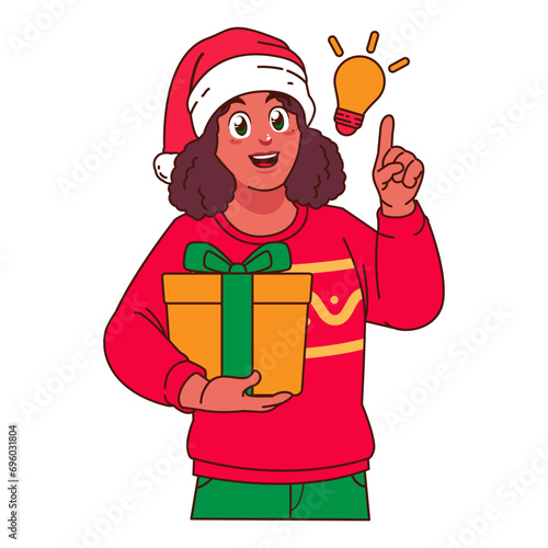 Black Woman in Christmas sweater and Santa hat holding a gift box