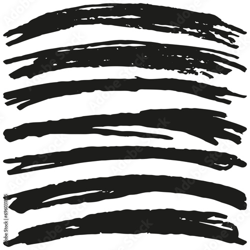 Set of arced, hand-drawn rough lines. Brush stroke. Collection of monochrome black vector design elements for overlay isolated on transparent background