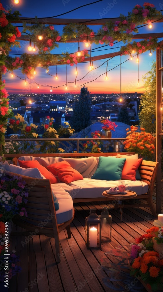 Cozy warm evening on the terrace of your house, a terrace with a comfortable sofa and lights and table lamps