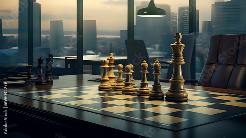chessboard with wooden pieces is set up in an office with a view of the city. The game is ready to be played
