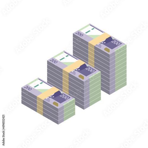 Grandes fajos de billetes de 100 soles apilados en filas. Ilustración vectorial de 100 soles peruanos. Nuevos billetes de 200 soles peruanos. Dibujo isométrico.