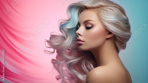 Fashion model with colorful dyed hair and creative makeup. Fashion or cosmetics concept. Illustration for cover, postcard, interior design, advertising, marketing or presentation.
