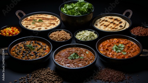 A selection of delicious Indian dishes, including curry, rice, and various accompaniments photo