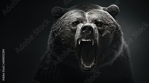 Close-up of an angry bear's face. A toothy grizzly in monochrome style. Animal in the habitat. Illustration for cover, card, postcard, interior design, banner, poster, brochure or presentation. photo