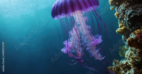 An enchanting underwater scene featuring vibrant jellyfish, a shark, and other marine life in an abstract display of colors.