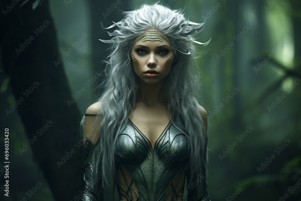 Beauty, fashion, nature, make-up, style and fantasy concept. Beautiful nature elf woman portrait. Model standing in forest and wearing beautiful and fancy outfit, accessories and clothing