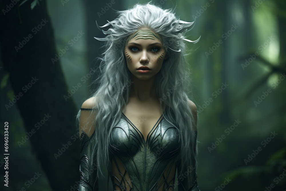 Beauty, fashion, nature, make-up, style and fantasy concept. Beautiful nature elf woman portrait. Model standing in forest and wearing beautiful and fancy outfit, accessories and clothing Beauty, fashion, nature, make-up, style and fantasy concept. Beautiful nature elf woman portrait. Model standing in forest and wearing beautiful and fancy outfit, accessories and clothing
