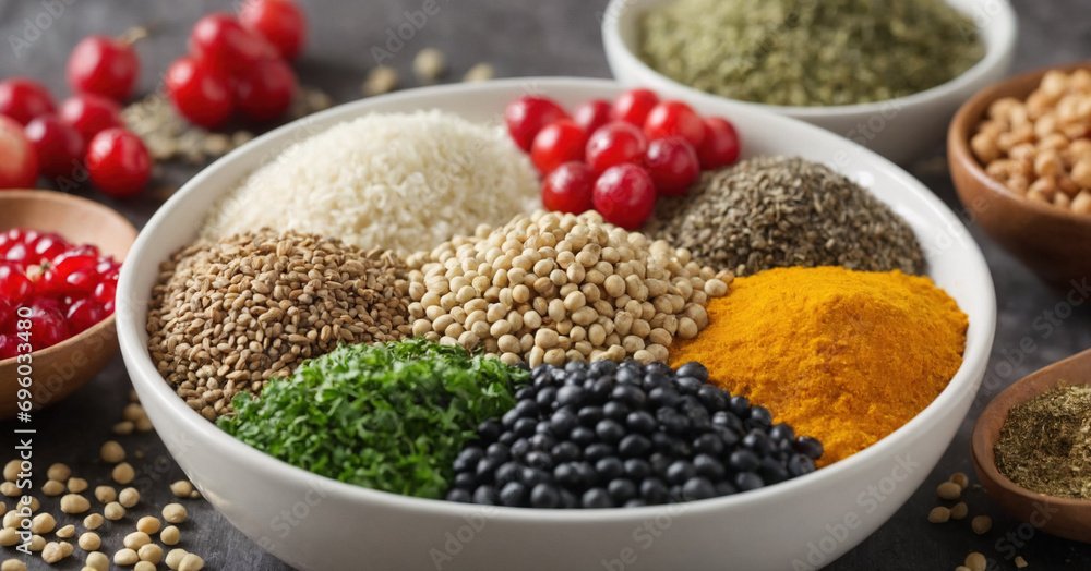 A variety of superfoods in a concept photo, including seeds like flax and chia, beans, berries, and grains in a bowl. A variety of superfoods in a concept photo, including seeds like flax and chia, beans, berries, and grains in a bowl.