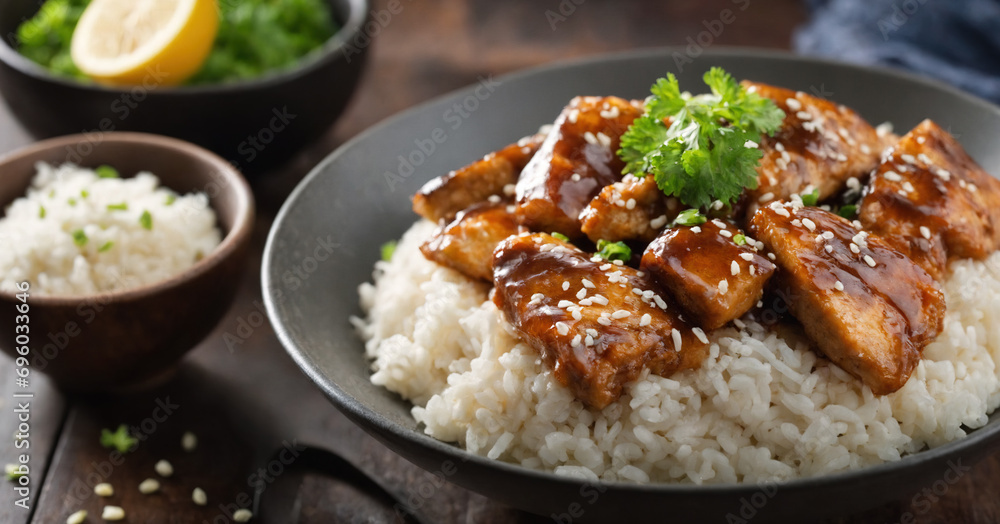 A tempting image of a teriyaki chicken rice bowl, featuring succulent grilled chicken with a savory teriyaki sauce, served on a white plate. A tempting image of a teriyaki chicken rice bowl, featuring succulent grilled chicken with a savory teriyaki sauce, served on a white plate.