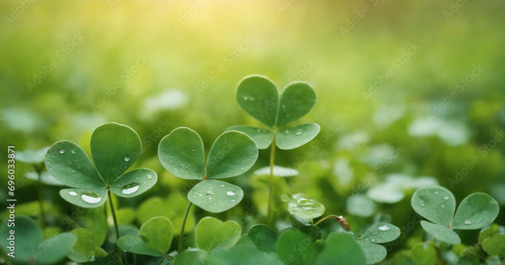 A vibrant photo of four-leaf clovers with water drops, symbolizing luck and happiness. A vibrant photo of four-leaf clovers with water drops, symbolizing luck and happiness.