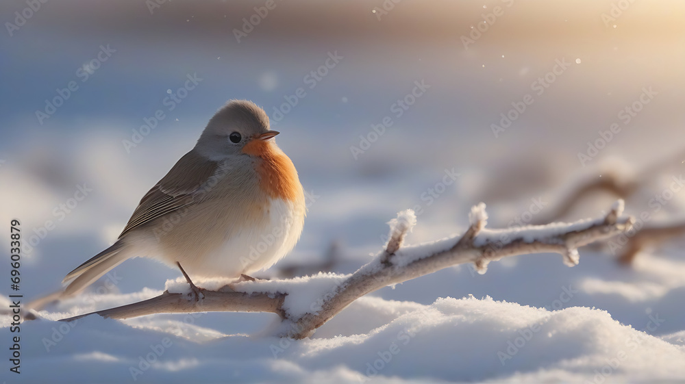 Winter snow background with snowdrifts and winter birds