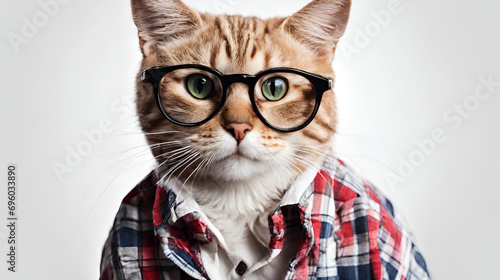 Cat with a red tie and glasses, A cat wearing sunglasses and a shirt that says'cat ', There is a cat wearing glasses and t-shirt