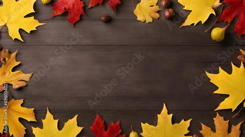 Autumn leaves are red and yellow on an old dark wooden background the concept of a holiday study, Autumn leaves on a wooden background seasonal background
