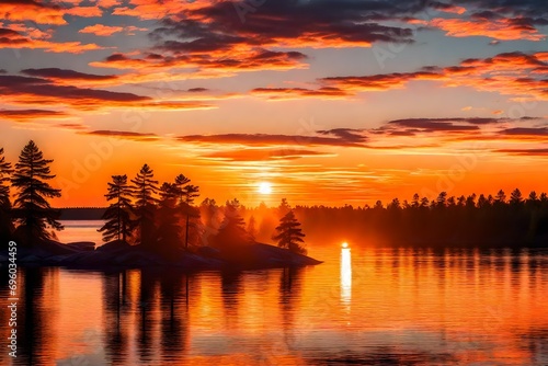 vibrant sun glowing over silhouetted landscape and water at sunset, lake of the woods, ontarion, kenora, ontario, canada photo