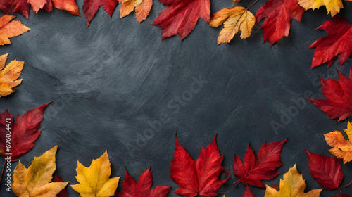 Colorful leaves on black background, Autumn leaves on black wooden background with copy space Top view, Autumn background fall concept