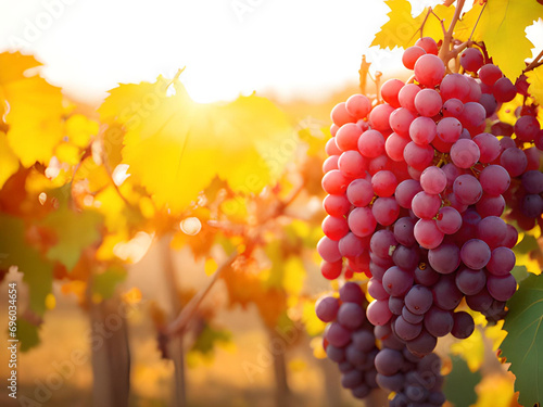 Close-up Ripe red grapes on vineyards in autumn harvest at sunset