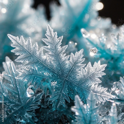 The image displays a close-up view of frosty leaves that are covered with ice crystals  giving them a magical and ethereal appearance. 