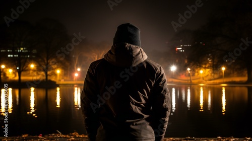 A silhouette of a person walking alone at night, creating a moody and mysterious atmosphere