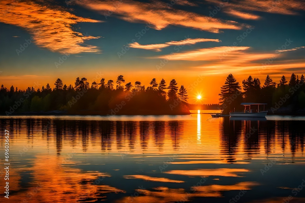 **vibrant sun glowing over silhouetted landscape and water at sunset, lake of the woods, ontarion, kenora, ontario, canada