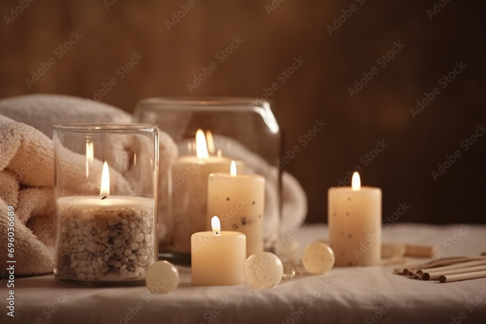 Burning candles on beige background. Warm aesthetic composition with dry flowers. Home comfort, spa, relax and wellness concept. Interior decoration Burning candles on beige background. Warm aesthetic composition with dry flowers. Home comfort, spa, relax and wellness concept. Interior decoration