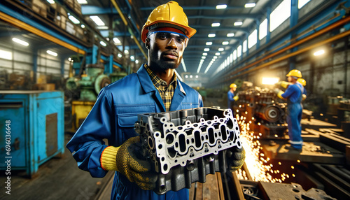 African American Man factory worker holding a car engine block, wearing blue long sleeve coverall, yellow hard hat, clear protective glasses, reflective  photo