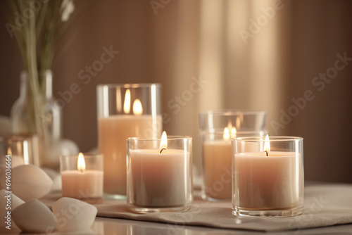 Burning candles on beige background. Warm aesthetic composition with dry flowers. Home comfort  spa  relax and wellness concept. Interior decoration