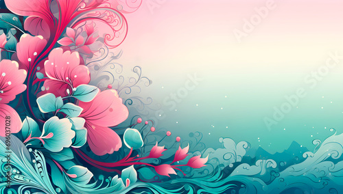 whimsical pink flowers with teal leaves swirling against a pastel background  evoking a peaceful  magical underwater scene