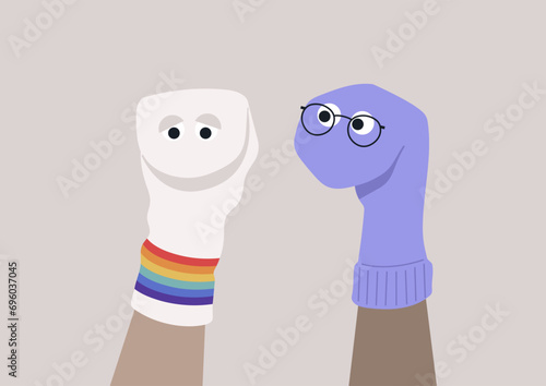In a psychotherapy session, an upset queer patient finding solace in expressing emotions through sock puppets, aiding in communication and processing feelings
