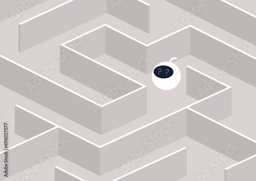 The adorable robot seems lost among labyrinth walls, wandering without a clear path