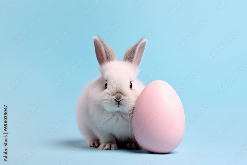 Small bunny next to large pastel pink Easter egg in front of blue studio background Small bunny next to large pastel pink Easter egg in front of blue studio background