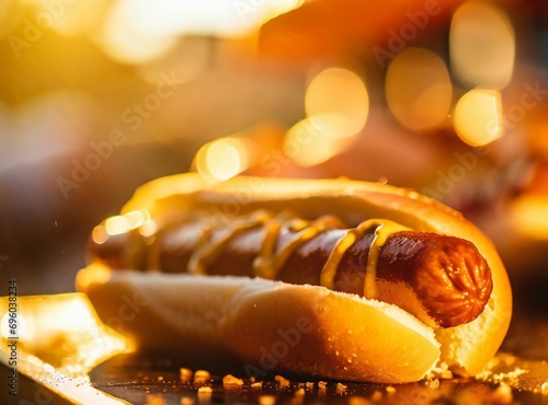 American hot dog, eating at a street food truck in New York City. Closeup photography of the isolated hot dog on a table. photo