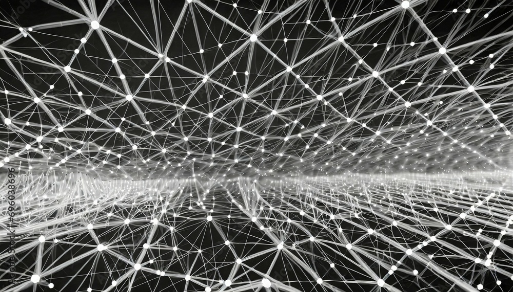 white abstract background grid of interlacing lines and dots on a dark background structure of network connections 3d rendering