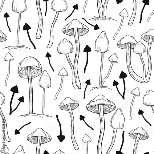 Seamless pattern with outline Psilocybe mushroom (Liberty Cap) in black on the white background.