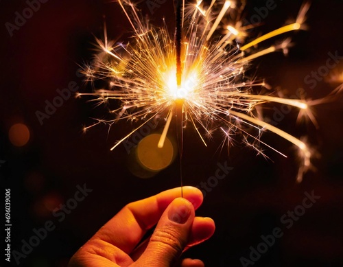 Sparkling sparkler held in hand. Dark background, no face. Happy New Year. New Year's Eve. New Year's wishes. Festive occasion. Celebrate together. Sparks and fireworks. Celebration. 