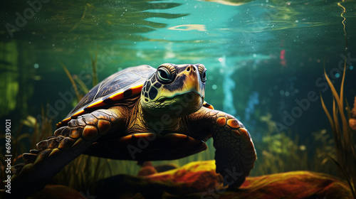  turtle wide eyes swimming underwater