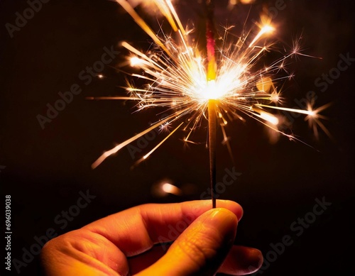 Sparkling sparkler held in hand. Dark background  no face. Happy New Year. New Year s Eve. New Year s wishes. Festive occasion. Celebrate together. Sparks and fireworks. Celebration. 