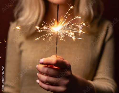 Young blonde woman holding sparkler in her hand. Dark background, no face. Happy New Year. New Year's Eve. New Year's wishes. Festive occasion. Celebrate together. Sparks and fireworks. Celebration. 