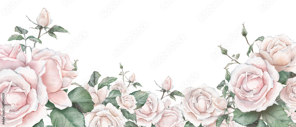 Watercolor frame illustration white cream rose and green leaves isolated on white background. Border hand painted natural plant twigs with light peach fuzz color roses rose for design