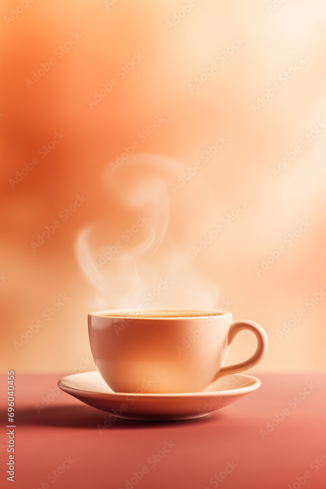 Coffee cup with steam standing on a table, isolated on an orange and peachy background. Arabica, selected beans. Banner design concept for coffee shop and cafe with copy space. Cozy, calm, warm, tasty Coffee cup with steam standing on a table, isolated on an orange and peachy background. Arabica, selected beans. Banner design concept for coffee shop and cafe with copy space. Cozy, calm, warm, tasty