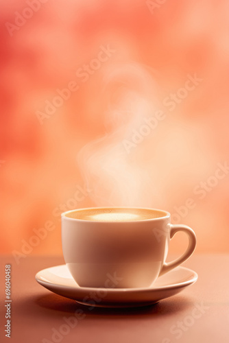 Coffee cup with steam standing on a table, isolated on an orange background. Arabica, selected beans. Banner design concept for coffee shop and cafe with copy space. Cozy, calm and tasty.