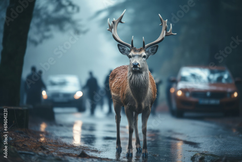Wild animal on asphalt road in foggy morning, dangerous situation for driver on the road. Deer crossing car road near forest © Lazy_Bear