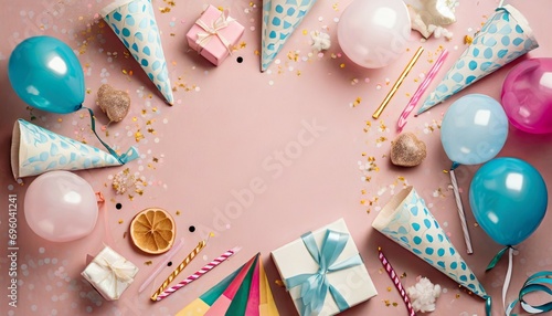 festive birthday accessories with empty space in the center on a pink background