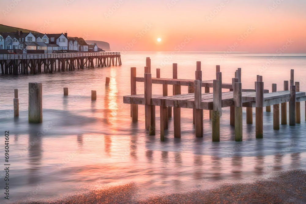 Obraz premium A serene and captivating sunrise at Swanage Dorset Pier, where the first light of day paints the sky in pastel shades