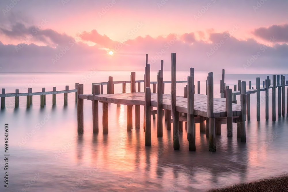 A serene and captivating sunrise at Swanage Dorset Pier, where the first light of day paints the sky in pastel shades A serene and captivating sunrise at Swanage Dorset Pier, where the first light of day paints the sky in pastel shades