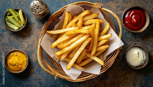 basket of seasoned french fries on background and shot top down