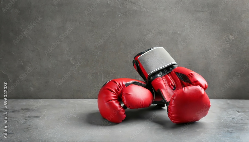 pair of boxing gloves on grey background space for text