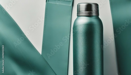 close up of reusable steel thermo water bottle on white background tidewater green of color 2021 trend photo